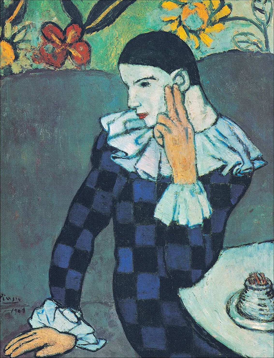 Arlecchino pensoso di Pablo Picasso. 1901. Olio su tela