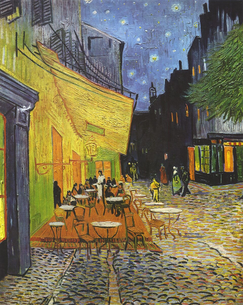 Terrazza del caff&egrave; la sera, Place du Forum, Arles di Vincent Van Gogh. 1889. Olio su tela