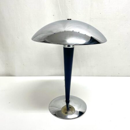 Lampada anni ’60 da tavolo, stelo in colore blu, base e cappello inox con due luci.